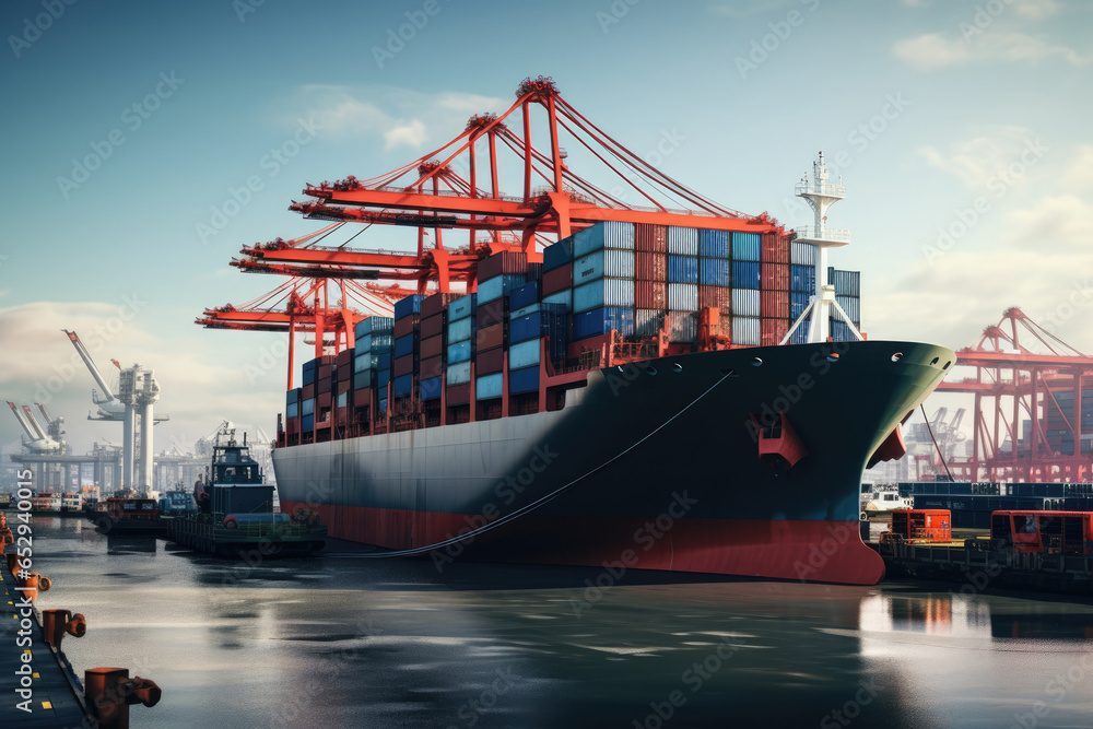 Fototapeta premium A large cargo ship is seen docked at a dock. This image can be used to depict transportation, international trade, or industrial activities.