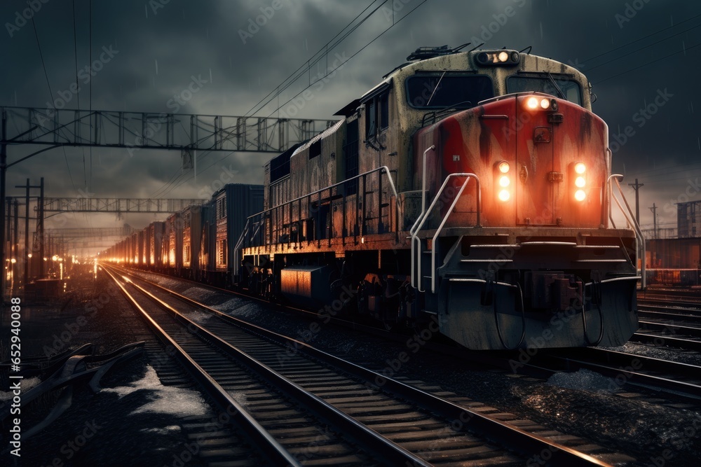 A picture of a train traveling down train tracks under a cloudy sky. This image can be used to depict transportation, travel, or a journey.