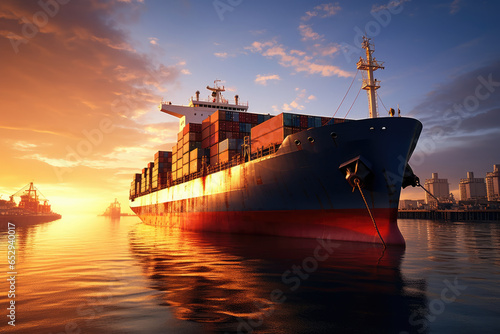 A stunning image of a large cargo ship sailing on the water during a beautiful sunset. Perfect for travel, transportation, and maritime themes.