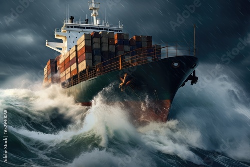 A picture of a large cargo ship battling through rough and turbulent ocean waters. This image can be used to depict the challenges and dangers faced by ships at sea. Ideal for illustrating maritime tr