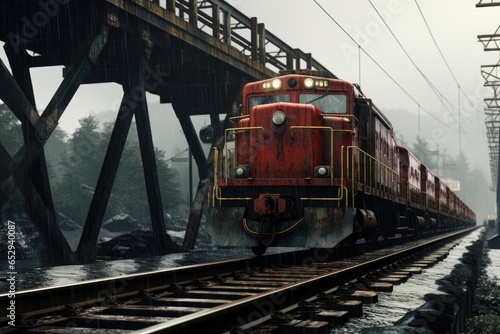 A red train is seen traveling down train tracks next to a bridge. This image can be used to depict transportation, travel, or infrastructure.