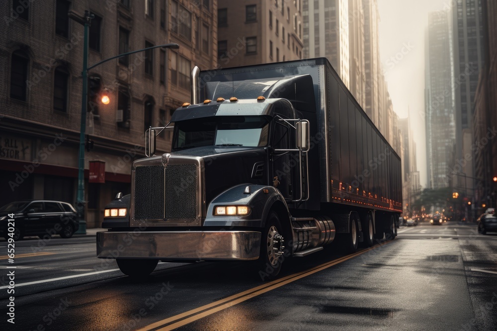 A semi truck driving down a city street. Suitable for transportation or urban scenes. - obrazy, fototapety, plakaty 