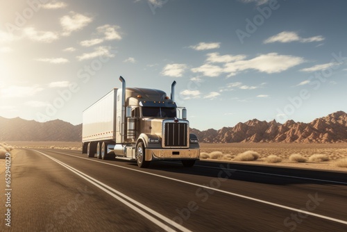 A semi truck is seen driving down a dusty desert road. This image can be used to depict transportation, logistics, or travel in remote areas.