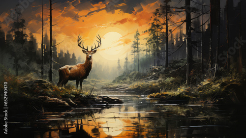 Beautiful deer in the forest with river.generative ai © LomaPari2021