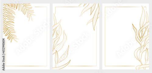 Luxury card for wedding invitation, gold frame with leaves 