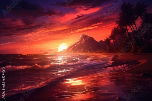 A beautiful painting capturing the vibrant colors of a sunset on the beach. Perfect for adding a touch of serenity to any space.