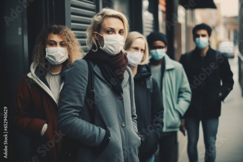 A group of people standing on a sidewalk wearing face masks. This image can be used to represent safety measures during a pandemic or to illustrate a crowded urban environment.