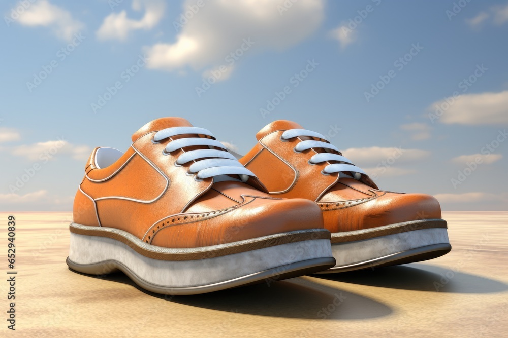 A pair of brown shoes placed on top of a sandy beach. This image can be used to represent relaxation, vacation, or the feeling of being at the beach. A pair of brown shoes placed on top of a sandy beach. This image can be used to represent relaxation, vacation, or the feeling of being at the beach.