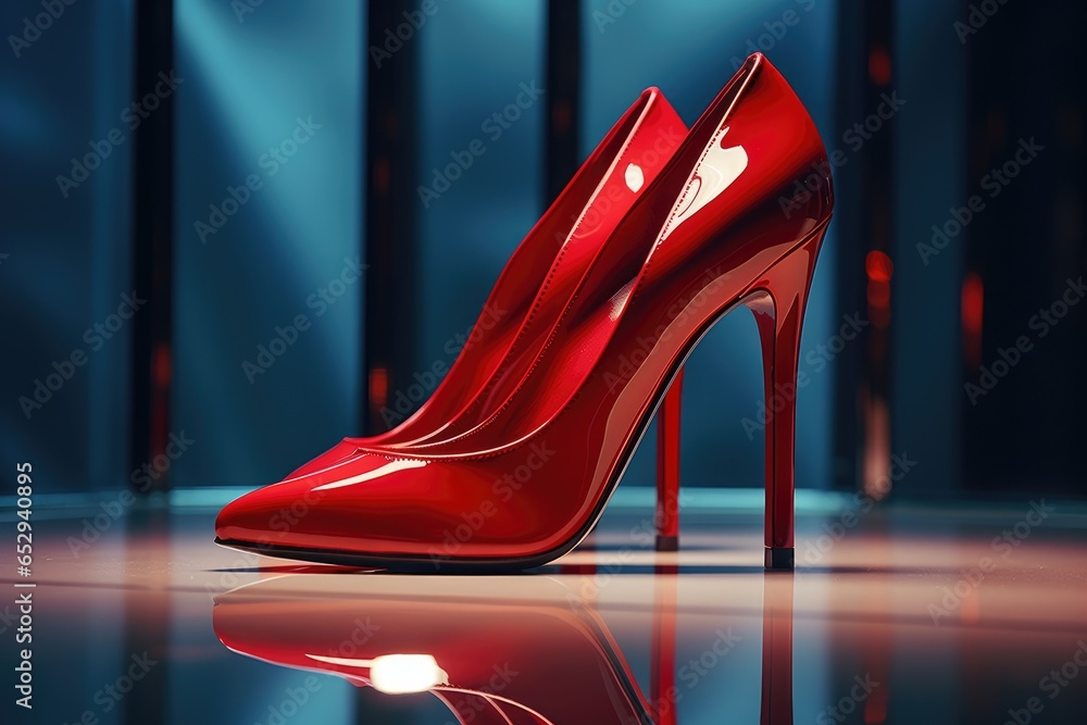 A red high heeled shoe placed on a shiny surface. This image can be used to depict fashion, style, elegance, or even a concept of success. Ideal for fashion magazines, shoe advertisements, or website A red high heeled shoe placed on a shiny surface. This image can be used to depict fashion, style, elegance, or even a concept of success. Ideal for fashion magazines, shoe advertisements, or website