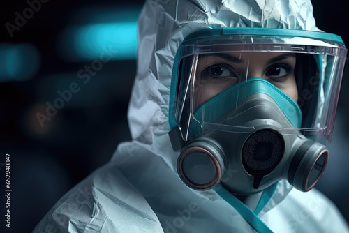 A woman wearing a protective suit and gas mask. Suitable for depicting hazardous environments and safety precautions.