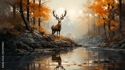 Beautiful deer in the forest with river.generative ai photo