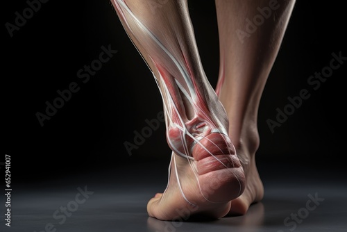 A detailed close-up of a person's foot with the muscles exposed. This image can be used to depict anatomy, medical illustrations, sports injuries, or physical therapy. photo