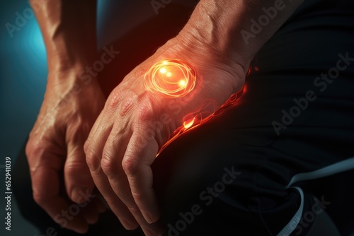 A man is pictured holding his hand with a glowing light. This image can be used to represent power, enlightenment, or a magical moment.