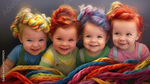 A group of children with brightly colored hair
