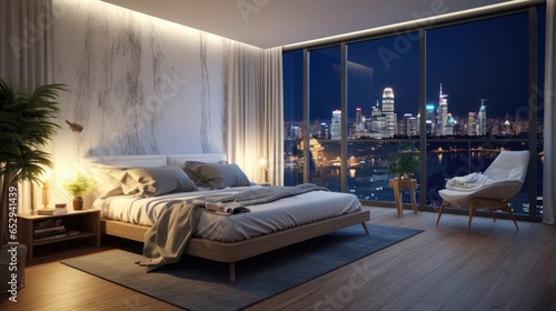 A bedroom with a view of a city at night © Maria Starus