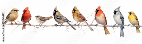 Bird set watercolor illustration. Red cardinal, eastern bluebird, goldfinch, robin, wren generative ai © LomaPari2021