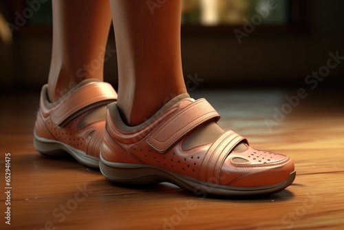 A detailed view of a person s shoes on a rustic wooden floor. Perfect for illustrating concepts of fashion  footwear  or walking in someone else s shoes.
