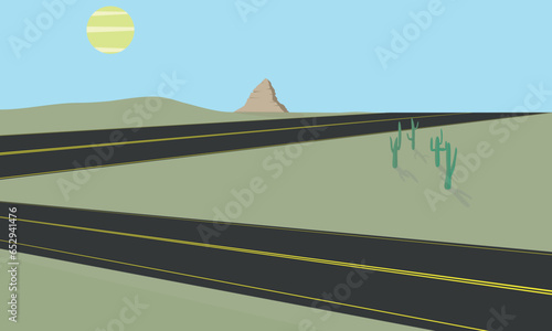 Desert landscape with road, cactuses and rock.