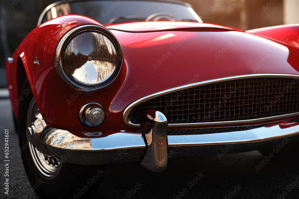 A close-up view of the front of a vibrant red sports car. This image captures the sleek design and powerful presence of the vehicle. Perfect for automotive enthusiasts and car-related projects.
