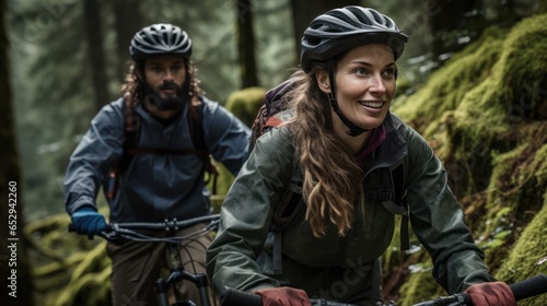 Enthusiastic young couple riding bicycles on a forest road in the mountains on a spring day.