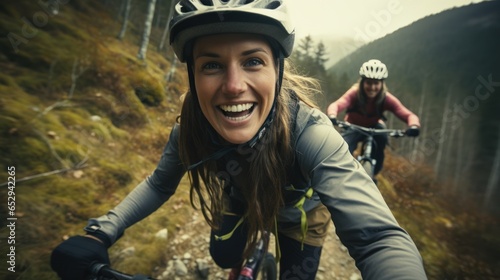 Enthusiastic young couple riding bicycles on a forest road in the mountains on a spring day.
