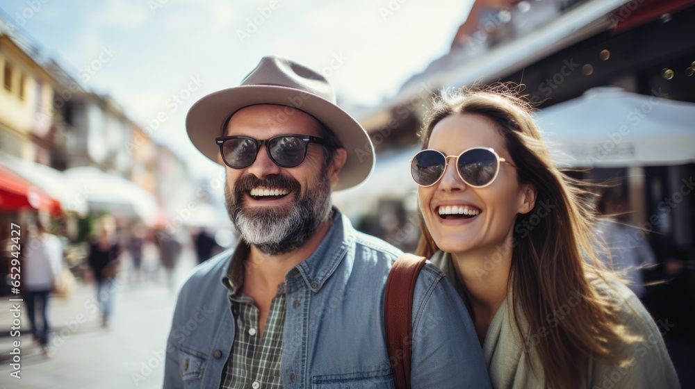 Two tourists are enjoying a walk on the city street on vacation. Happy friends laughing together on holiday people and holidays Two tourists are enjoying a walk on the city street on vacation. Happy friends laughing together on holiday people and holidays