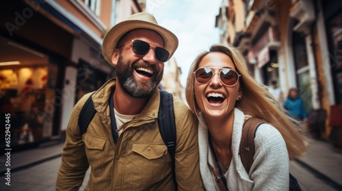 Two tourists are enjoying a walk on the city street on vacation. Happy friends laughing together on holiday people and holidays