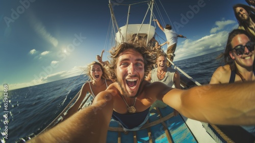 Crazy friends jump happily from a sailboat into the sea - Young people jump into the sea during summer vacation - Mainly focused on middlemen - Travel and fun concept