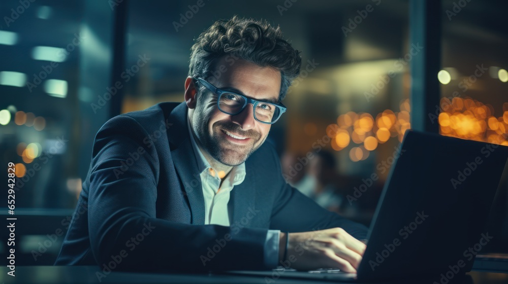Late at night in a private office, A male businessman works using a laptop computer. He looks at the camera with a smile. Network Data Protection Engineering for Cyber Security Businesses