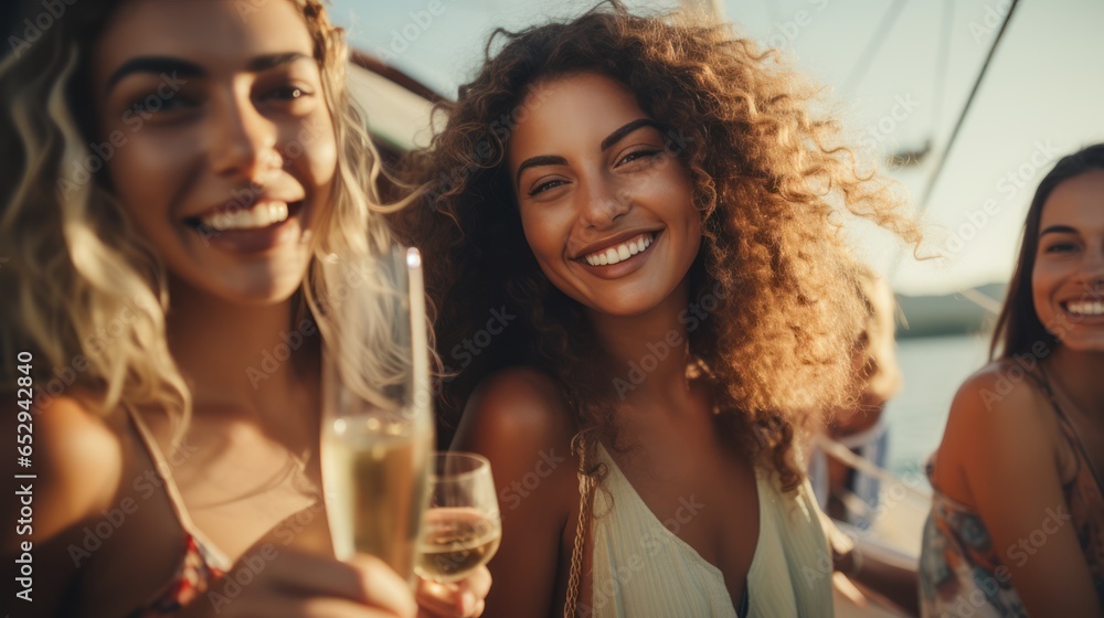 Happy multiethnic friends cheering with wine at boat party Happy multiethnic friends cheering with wine at boat party
