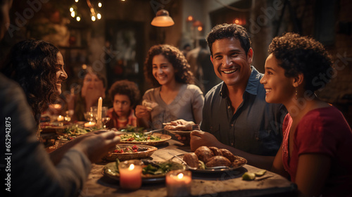 Fotografia familias latinas cenando en casa disfrutando de la cena navideña en familia muy