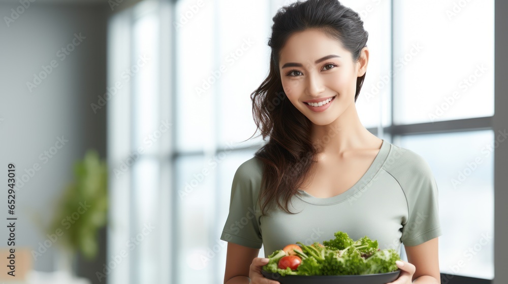 Asian woman is holding a salad bowl and looking at the camera. A Beautiful girl in sportswear likes to eat clean vegetables after exercising for a healthy home. Diet and healthy food concept Asian woman is holding a salad bowl and looking at the camera. A Beautiful girl in sportswear likes to eat clean vegetables after exercising for a healthy home. Diet and healthy food concept