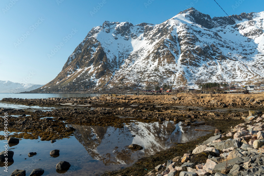 The small wooden white church in Valberg on the beach Vestvagoya island in Lofoten archipelago  Vagan Nordland Norway