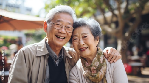 Happy elderly couple hugging each other Take care and love with a good relationship. Good health and romance in the park, retirement insurance, and cute couple ideas. © sirisakboakaew