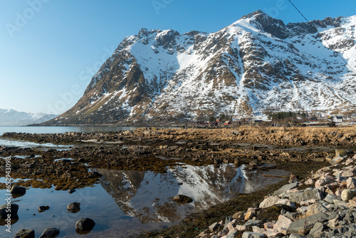 The small wooden white church in Valberg on the beach Vestvagoya island in Lofoten archipelago Vagan Nordland Norway