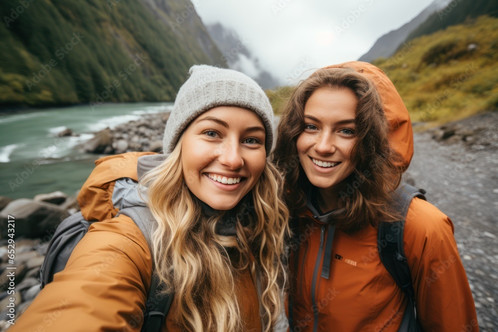 Two female friends take a selfie by the river while hiking in the mountains. Two female friends take a selfie by the river while hiking in the mountains.
