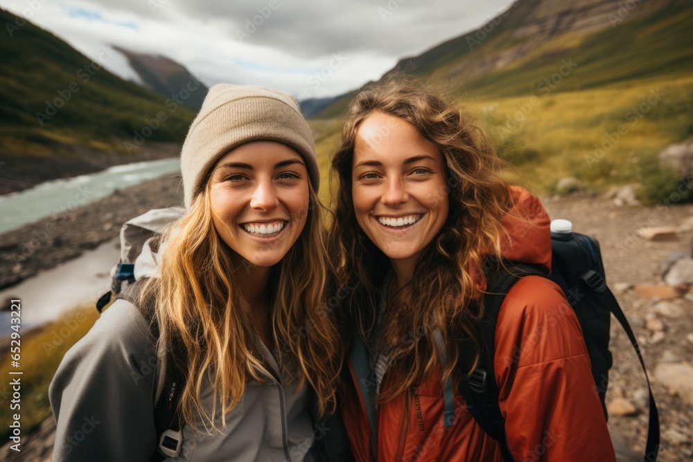 Two female friends take a selfie by the river while hiking in the mountains.