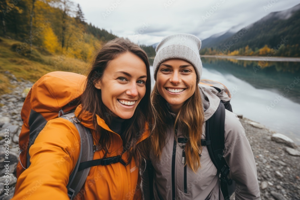 Two female friends take a selfie by the river while hiking in the mountains. Two female friends take a selfie by the river while hiking in the mountains.