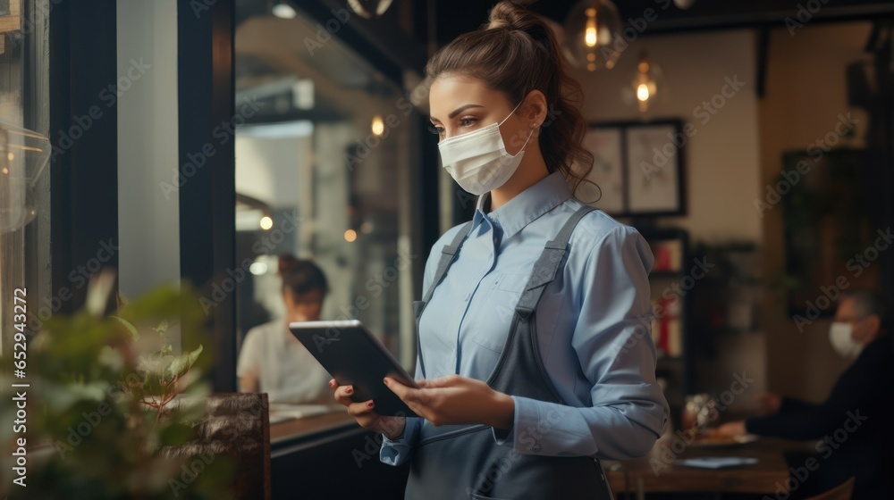 A waiter wearing a mask checks boxes from the food delivery person to the restaurant's pickup point. And avoid ordering online during the coronavirus outbreak or COVID-19.