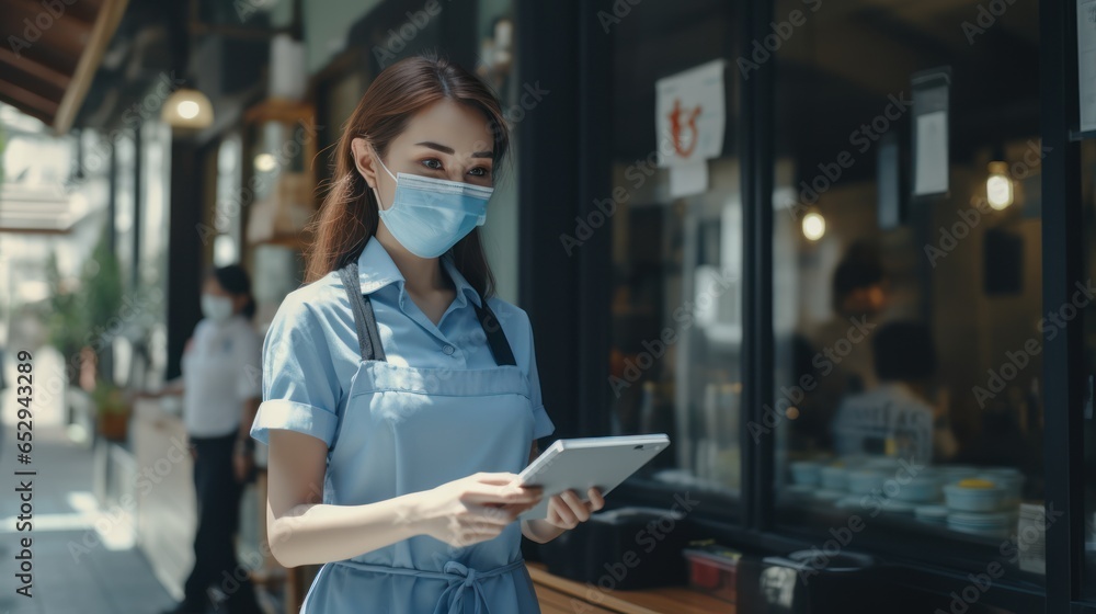 A waiter wearing a mask checks boxes from the food delivery person to the restaurant's pickup point. And avoid ordering online during the coronavirus outbreak or COVID-19. A waiter wearing a mask checks boxes from the food delivery person to the restaurant's pickup point. And avoid ordering online during the coronavirus outbreak or COVID-19.