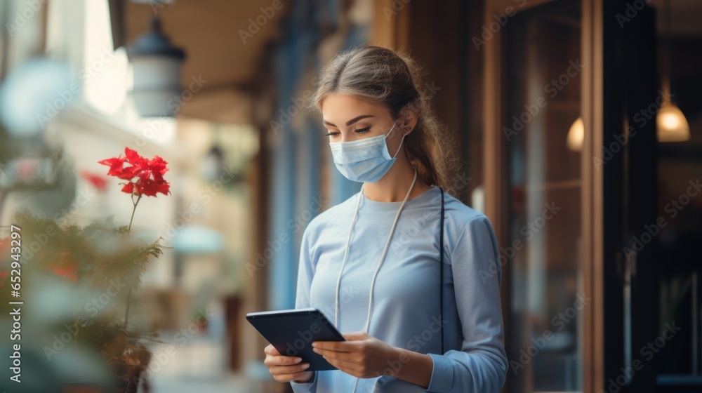 A waiter wearing a mask checks boxes from the food delivery person to the restaurant's pickup point. And avoid ordering online during the coronavirus outbreak or COVID-19. - obrazy, fototapety, plakaty 