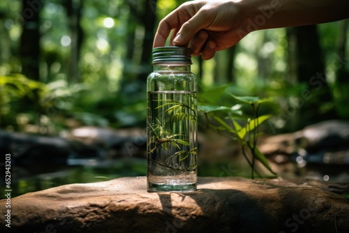 The traveler pours water from a bottle into a metal glass. Bush. Adventure. Tourism. Travel and camping