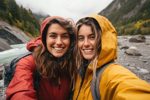 Two female friends take a selfie by the river while hiking in the mountains.