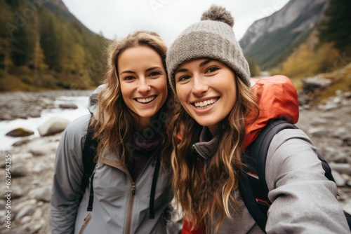 Two female friends take a selfie by the river while hiking in the mountains. © sirisakboakaew