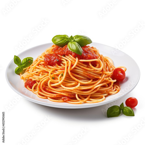 spaghetti with tomato sauce and basil with white background, isolated