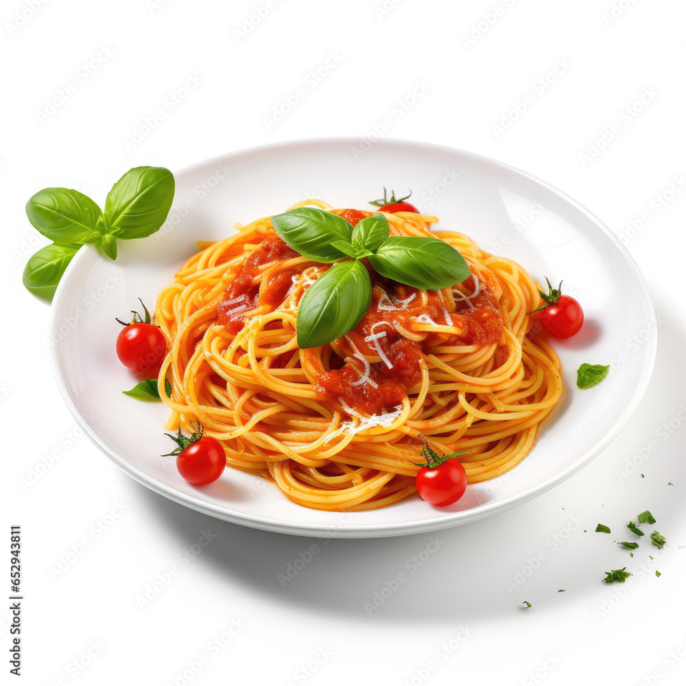 spaghetti with tomato sauce and basil with white background, isolated spaghetti with tomato sauce and basil with white background, isolated