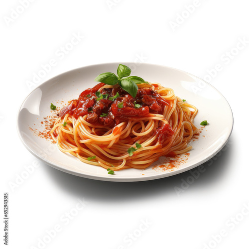 spaghetti with tomato sauce and basil with white background, isolated