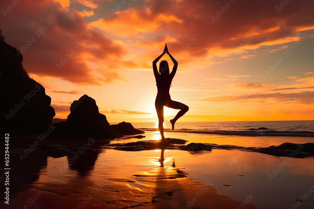 Sport and attractive woman's silhouette doing yoga exercises on ocean beach during sunset