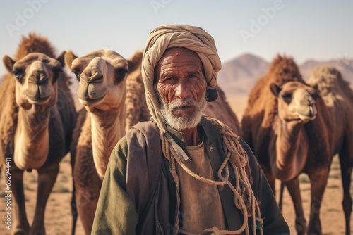 Arab shepherd of the camels standing in the desert, arabian farmer concept. Generative Ai © Alexandra