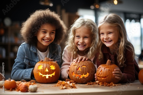 Happy smiling children carve traditional pumpkin jack-o-lantern. AI generated.